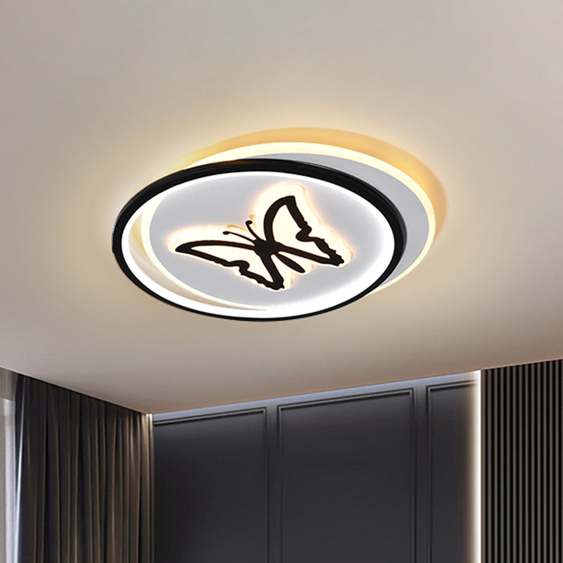 Round/Square Bedroom Ceiling Lamp Acrylic LED Nordic Flush Mount Lighting with Butterfly/Dolphin Design in Black