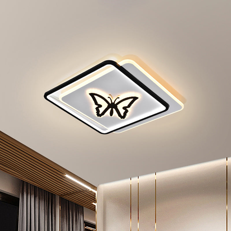 Round/Square Bedroom Ceiling Lamp Acrylic LED Nordic Flush Mount Lighting with Butterfly/Dolphin Design in Black