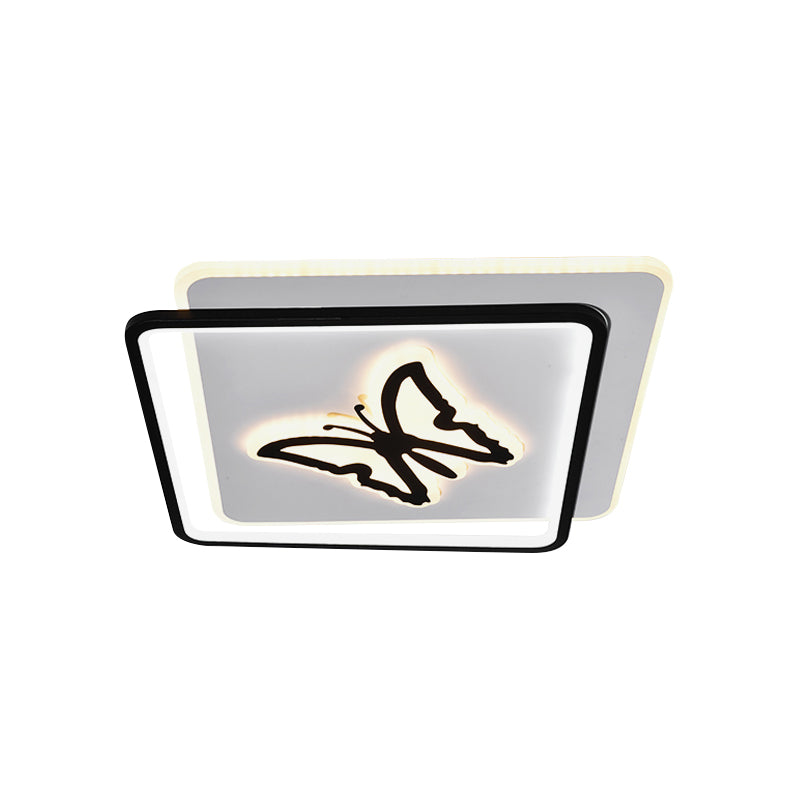 Round/Square Bedroom Ceiling Lamp Acrylic LED Nordic Flush Mount Lighting with Butterfly/Dolphin Design in Black