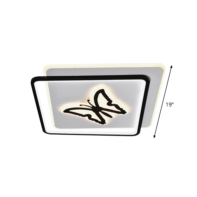 Round/Square Bedroom Ceiling Lamp Acrylic LED Nordic Flush Mount Lighting with Butterfly/Dolphin Design in Black