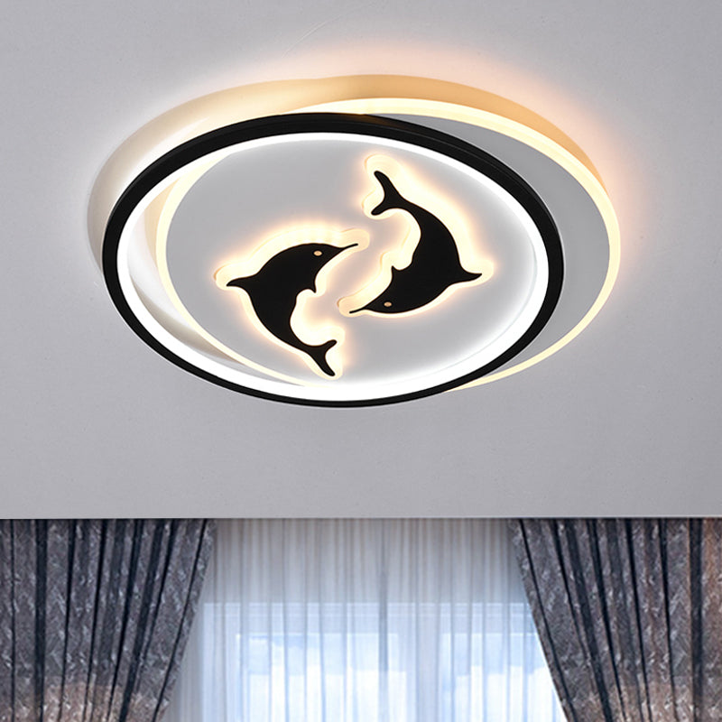 Round/Square Bedroom Ceiling Lamp Acrylic LED Nordic Flush Mount Lighting with Butterfly/Dolphin Design in Black