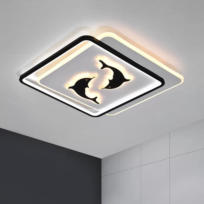 Round/Square Bedroom Ceiling Lamp Acrylic LED Nordic Flush Mount Lighting with Butterfly/Dolphin Design in Black