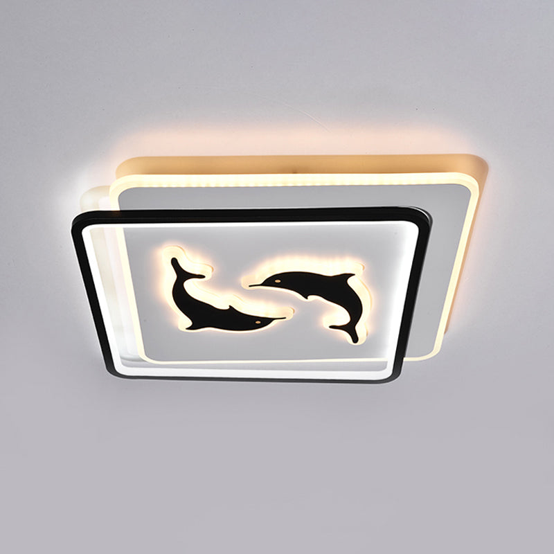Round/Square Bedroom Ceiling Lamp Acrylic LED Nordic Flush Mount Lighting with Butterfly/Dolphin Design in Black