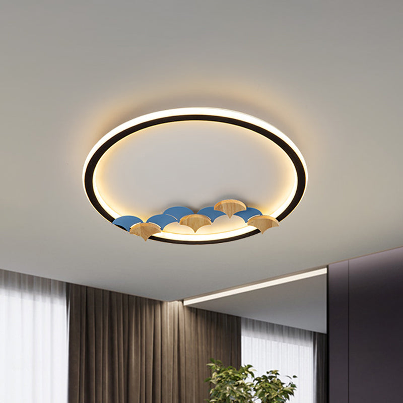 Round/Square Parlor Flush Lamp Acrylic LED Minimalist Ceiling Mounted Light with Leaf/Geometric Deco in Black