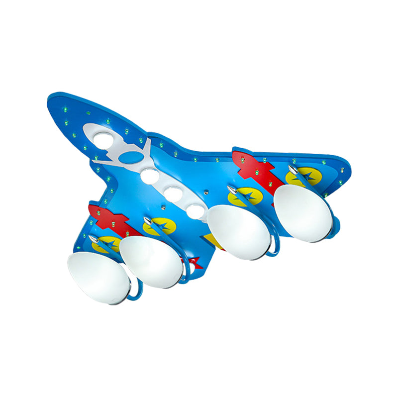 Egg Close to Ceiling Lamp Kids Opaline Glass 4 Lights Nursery Semi Flush Mount Lamp with Aircraft Design in Blue