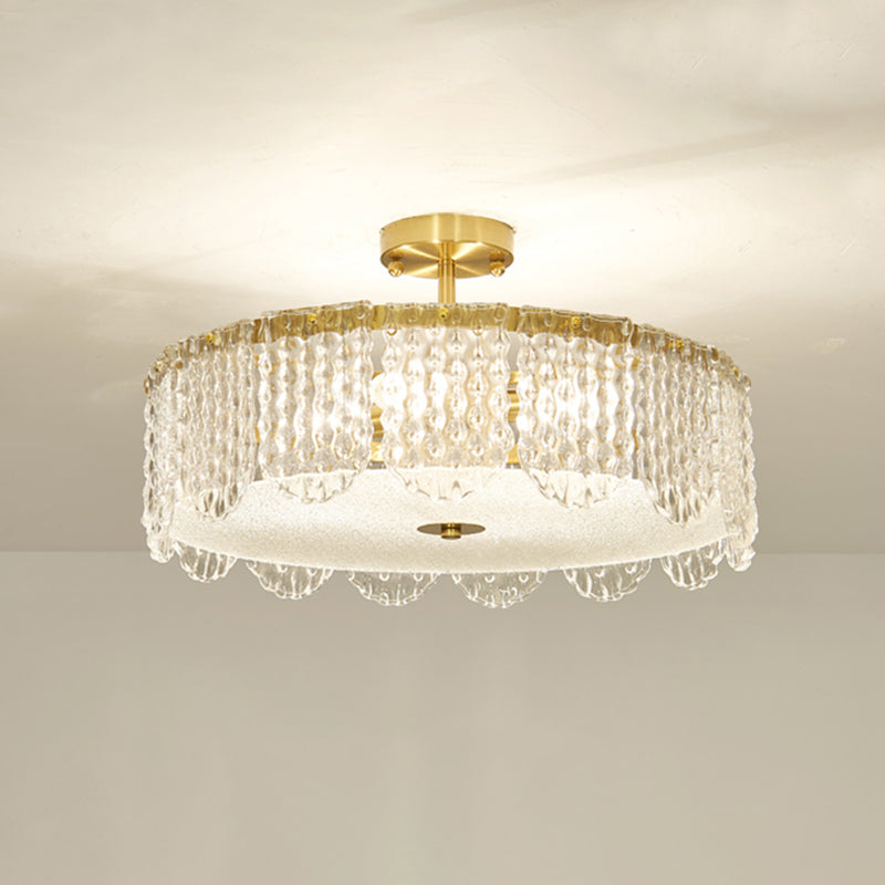 Drum Bevel Cut Glass Semi Flush Mount Contemporary 4-Light Gold Close to Ceiling Lamp