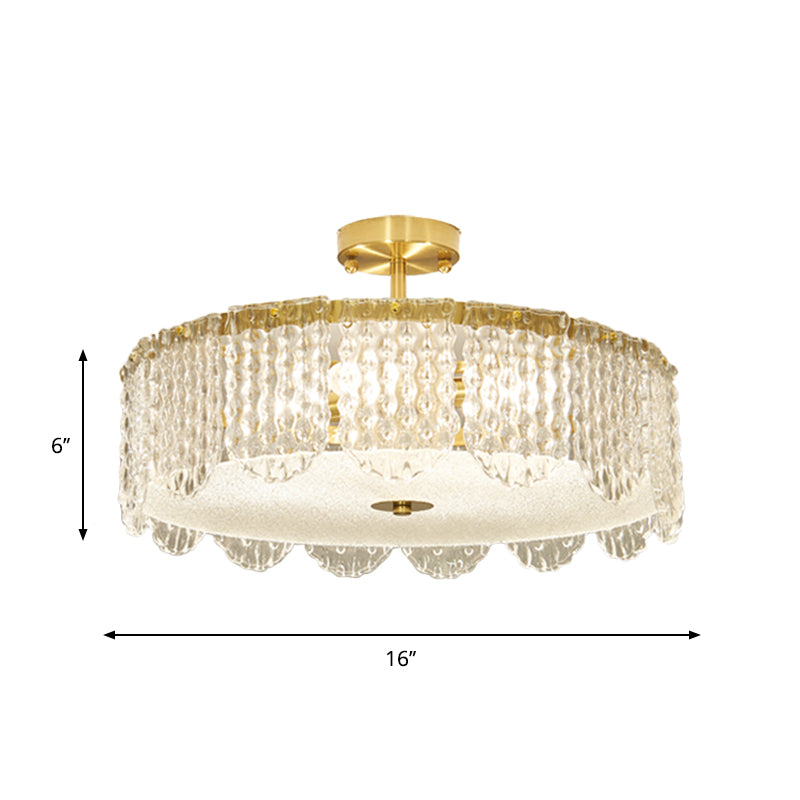 Drum Bevel Cut Glass Semi Flush Mount Contemporary 4-Light Gold Close to Ceiling Lamp