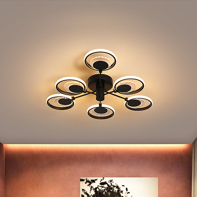 Cercles semi-lustre à lustre moderne en métal à lad lampe plafond de chambre à coucher avec conception radiale en lumière noire, chaude / blanche