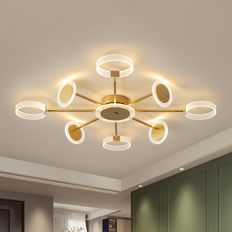31.5"/39" W Modern Circle Semi Flush Acrylic 7/9 Heads Living Room LED Ceiling Mounted Fixture in Gold, Warm/White Light