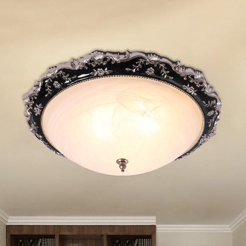 3-Light Frosted Glass Ceiling Flush Rural Black Domed Corridor Flush Mount Lamp with Leave/Flower Deco, 14"/19.5" W