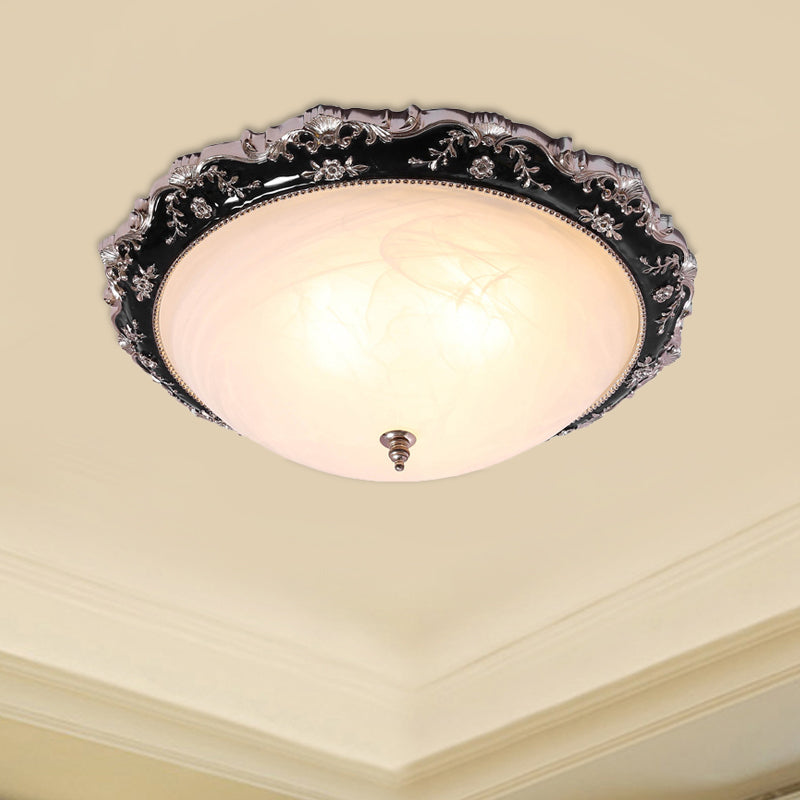 3-Light Frosted Glass Ceiling Flush Rural Black Domed Corridor Flush Mount Lamp with Leave/Flower Deco, 14"/19.5" W
