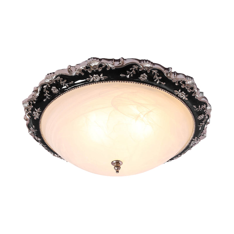 3-Light Frosted Glass Ceiling Flush Rural Black Domed Corridor Flush Mount Lamp with Leave/Flower Deco, 14"/19.5" W