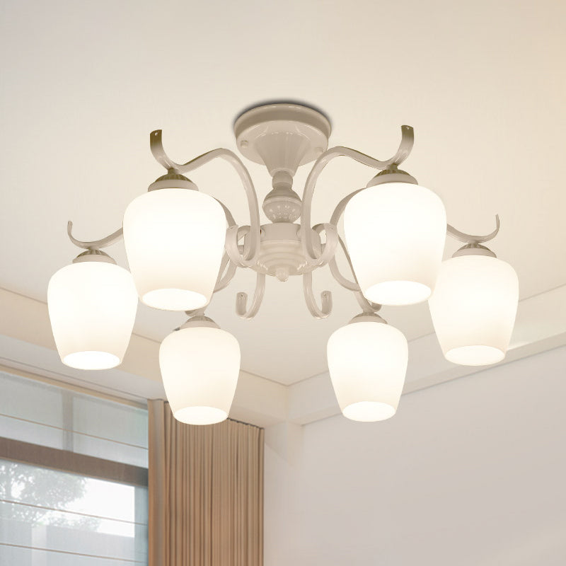 18.5"/24.5" W White 6-Light Ceiling Lamp Countryside Opaline Glass Cone Semi Flush Chandelier