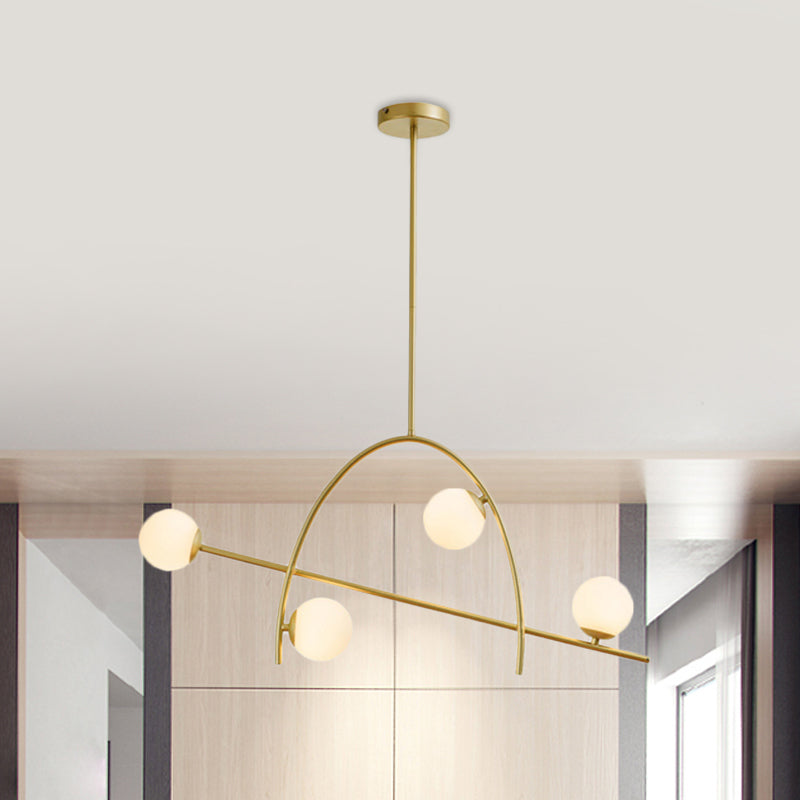 Modern 4 Lights Chandelier Lamp Gold Sphere Arched Pendant Lighting with Cream Glass Shade in Warm/White Light
