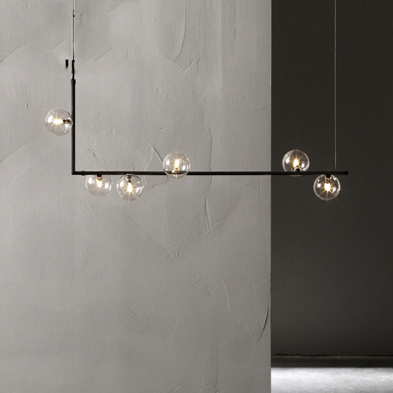 Clear Glass Globe Island Pendant Modernist 6 Bulbs Hanging Lamp Kit in Black with Right Angled Frame, Warm/White Light