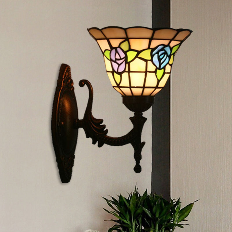 Flared Wall Light Sconce 1 Bulb Stained Glass Tiffany Style Wall Mounted Lamp in Red/Pink/Blue with Floral Pattern