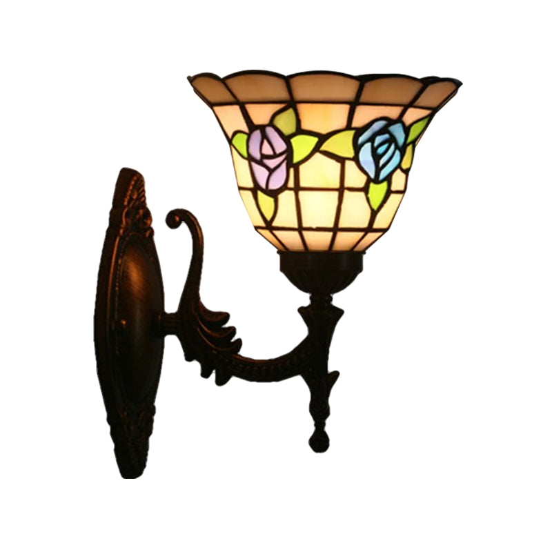 Flared Wall Light Sconce 1 Bulb Stained Glass Tiffany Style Wall Mounted Lamp in Red/Pink/Blue with Floral Pattern