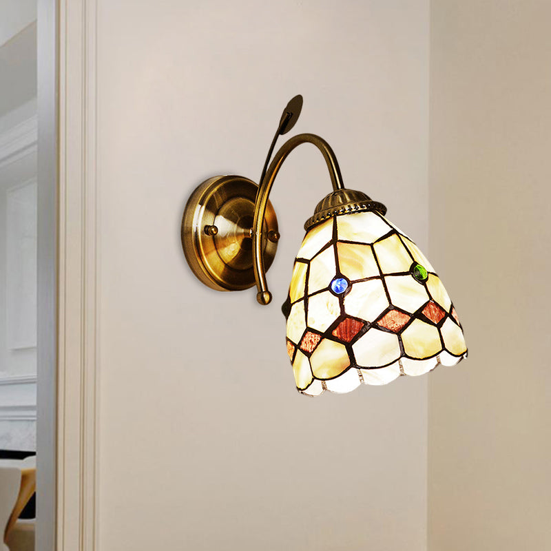 Baroque Grid Dome Wall Lighting Ideas 1 Light Shell Wall Mounted Lamp in Gold with Arched Arm
