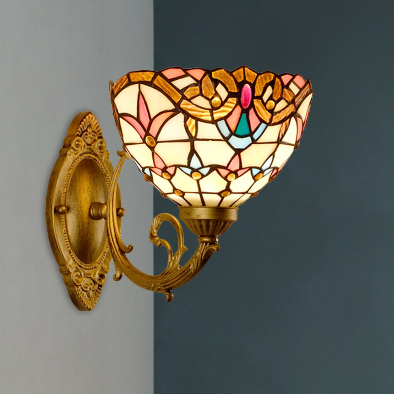 Gold Domed Wall Mount Lamp Baroque 1 Head Stained Glass Wall Sconce with Swirled Arm