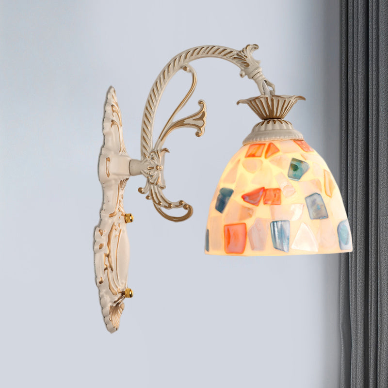 1/2-Light Wall Lighting Fixture Baroque Dome Shell Mosaic Patterned Wall Lamp with Curved Arm in White
