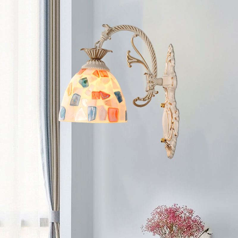 1/2-Light Wall Lighting Fixture Baroque Dome Shell Mosaic Patterned Wall Lamp with Curved Arm in White