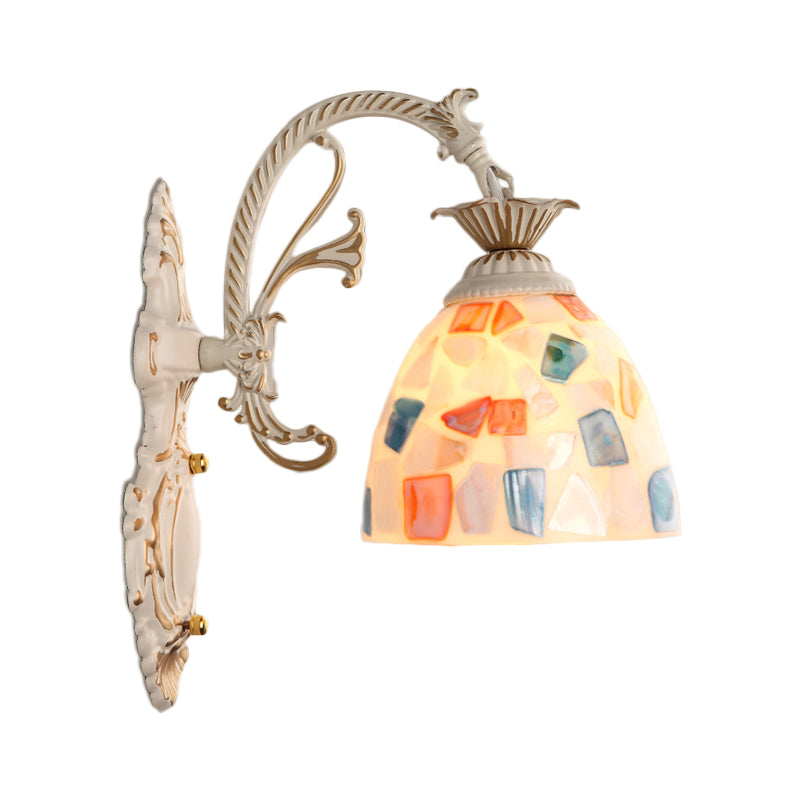 1/2-Light Wall Lighting Fixture Baroque Dome Shell Mosaic Patterned Wall Lamp with Curved Arm in White