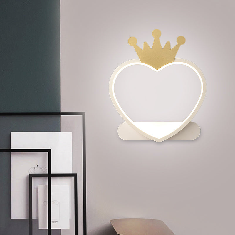 Cartoon Heart Wall Sconce Lighting Acrylic LED Nursery Wall Mount Lamp with Gold/Pink Crown Design