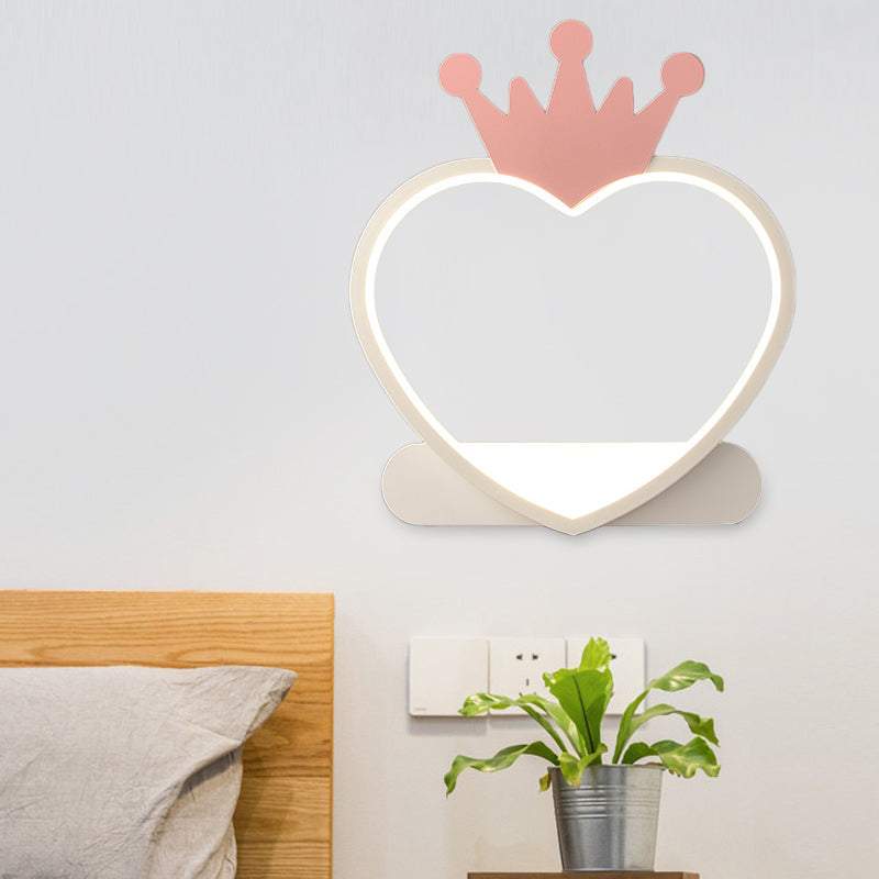 Cartoon Heart Wall Sconce Lighting Acrylic LED Nursery Wall Mount Lamp with Gold/Pink Crown Design