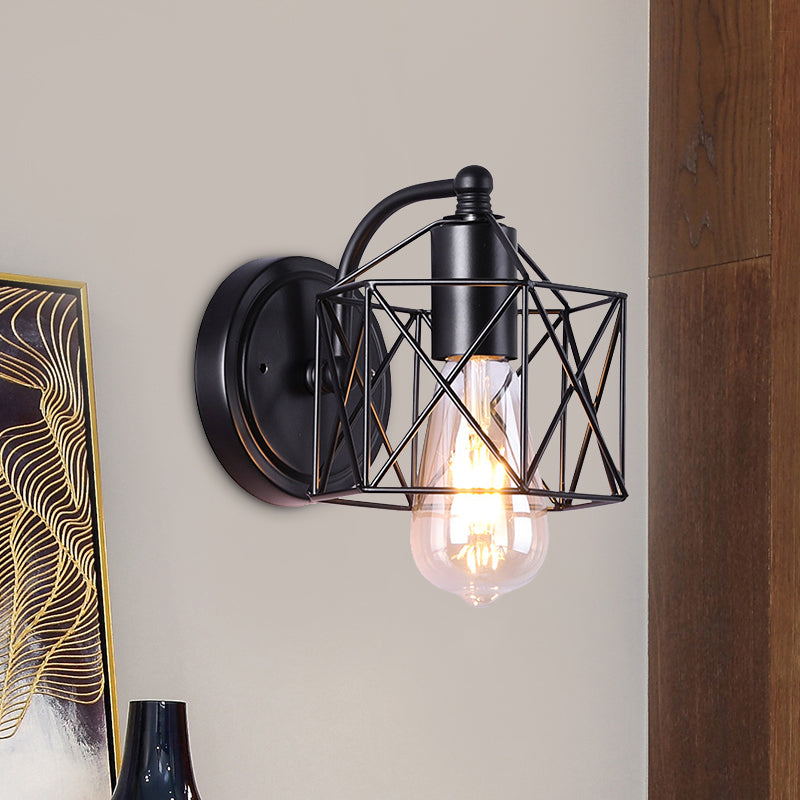 Black Single Head Wall Mount Lighting Antique Metal Hexagon Frame Reading Wall Light for Parlor