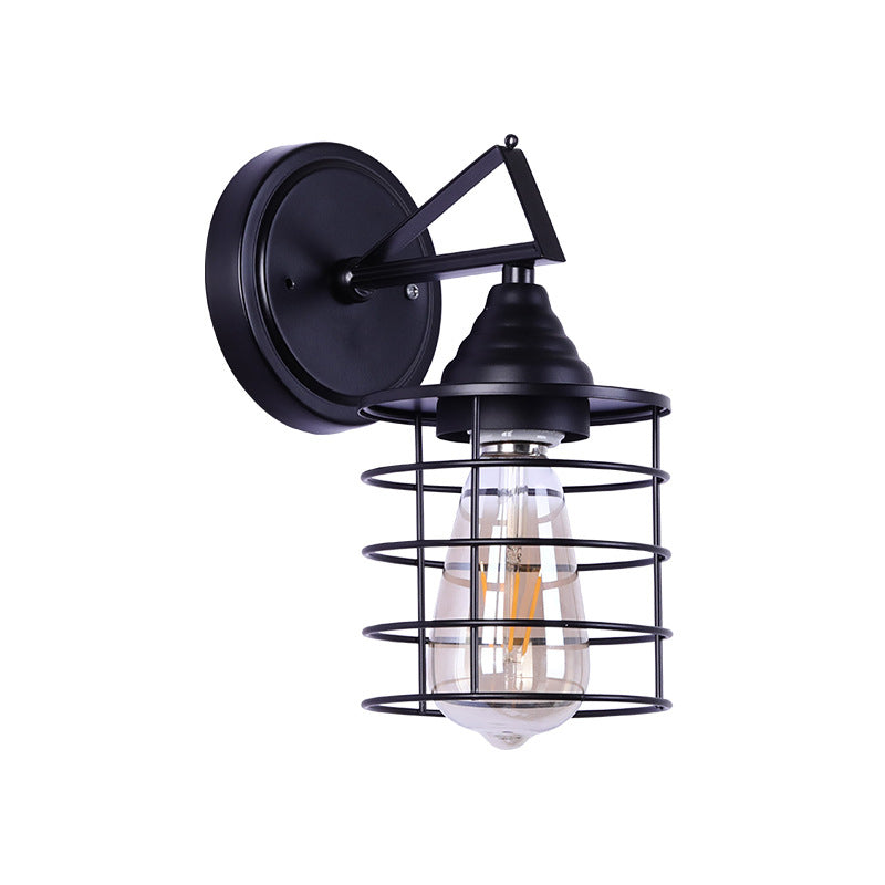 Metal Cylindrical Frame Wall Light Farmhouse 1 Bulb Dining Room Wall Mounted Lamp in Black