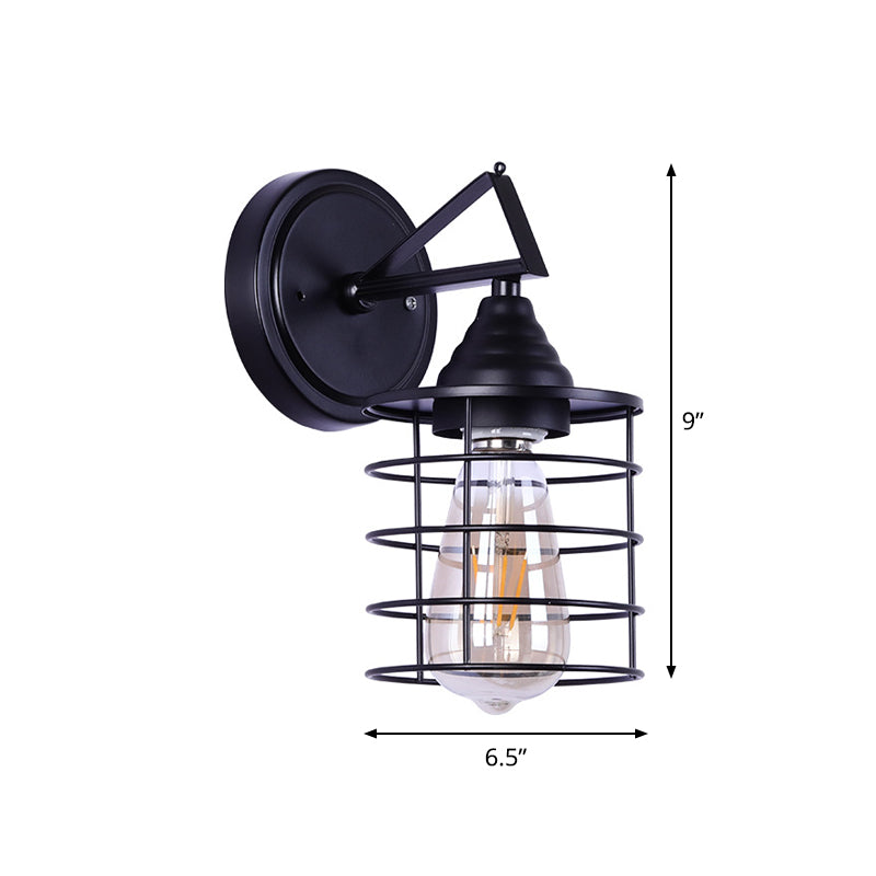 Metal Cylindrical Frame Wall Light Farmhouse 1 Bulb Dining Room Wall Mounted Lamp in Black
