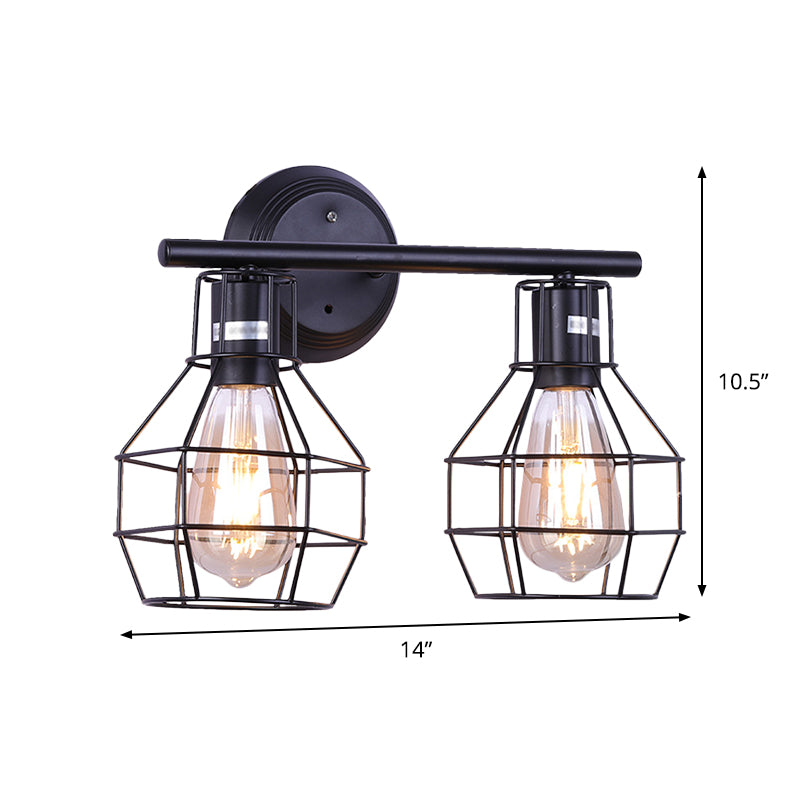 2 Bulbs Wall Mounted Light Rustic Restaurant Wall Lamp Fixture with Torpedo Metal Shade in Black