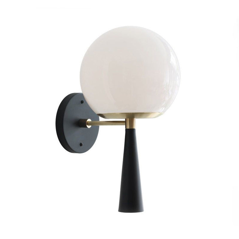 White Glass Globe Wall Light Fixture Post Modern 1-Bulb Black Wall Mount Lamp for Bedroom