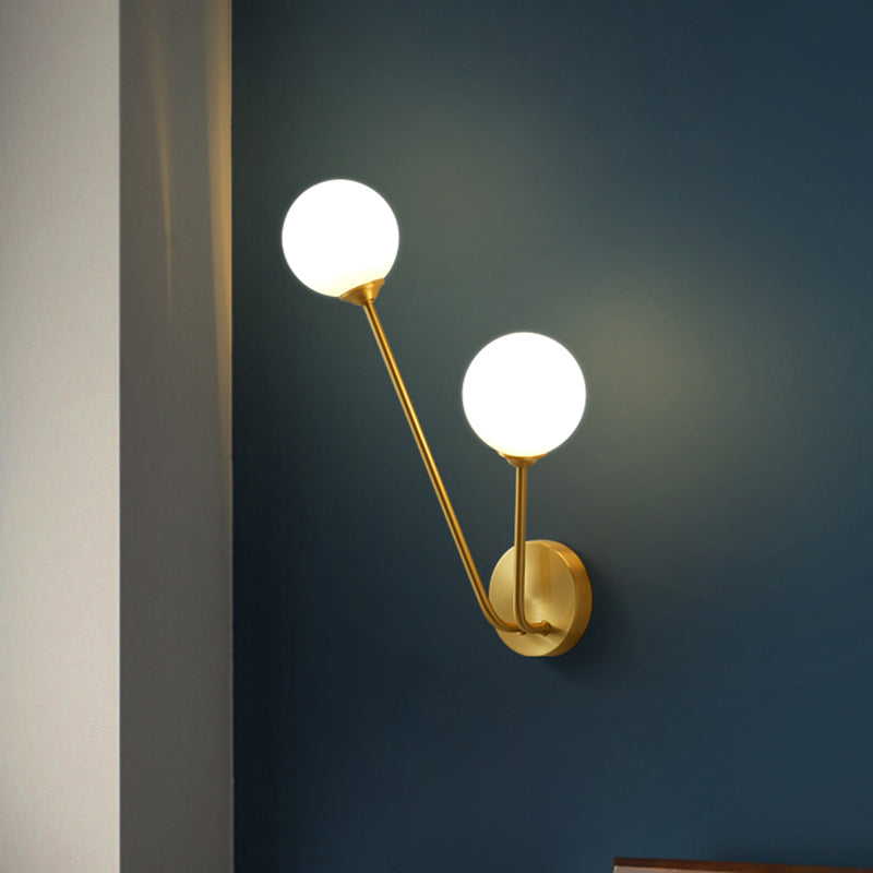 Opaline Glass Globe LED Wall Light Fixture Mid Century 2 Lights Wall Mount Lamp in Brass