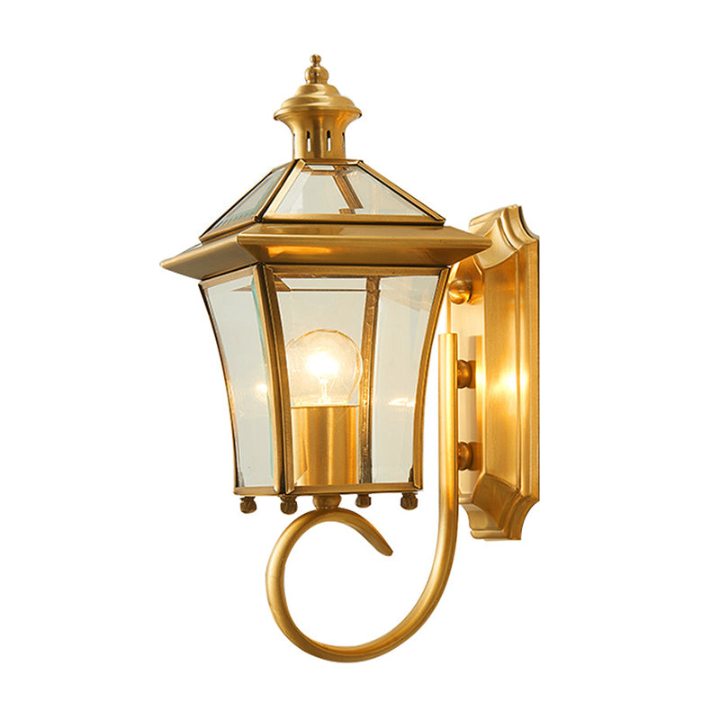 Clear Glass Lantern Wall Light Retro Style 1 Bulb Lodge Wall Lighting Ideas in Brass