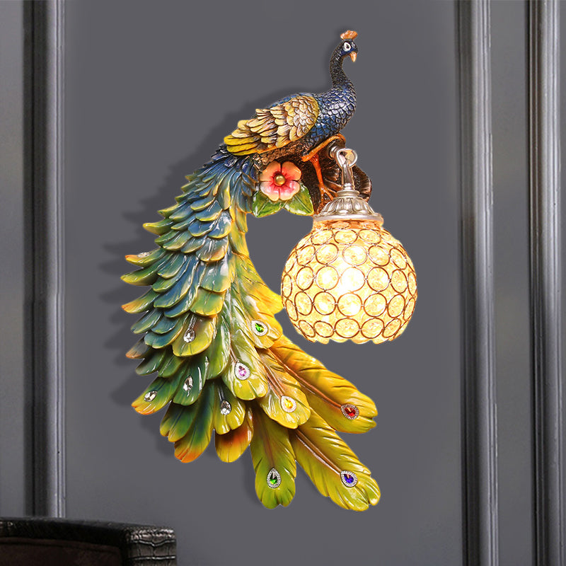 Cotta de pared de pavo real un solo cabeza Cottage White/Red/Blue Resin Wall Lighture con sombra de cristal K9 transparente, izquierda/derecha