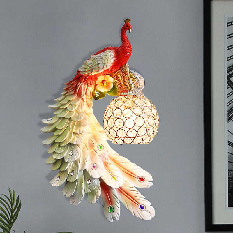 Cotta de pared de pavo real un solo cabeza Cottage White/Red/Blue Resin Wall Lighture con sombra de cristal K9 transparente, izquierda/derecha