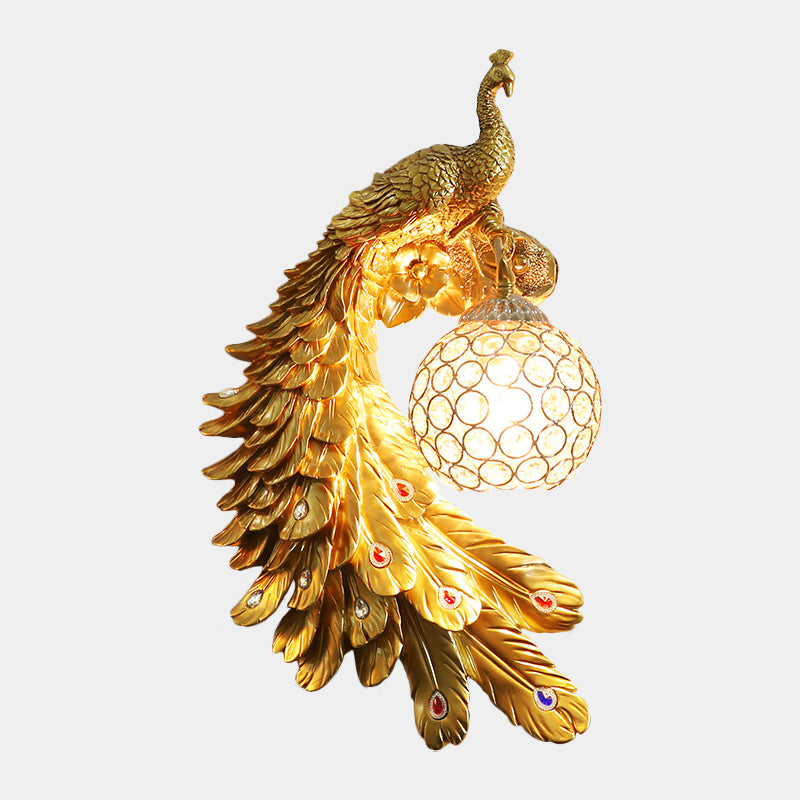 Cotta de pared de pavo real un solo cabeza Cottage White/Red/Blue Resin Wall Lighture con sombra de cristal K9 transparente, izquierda/derecha