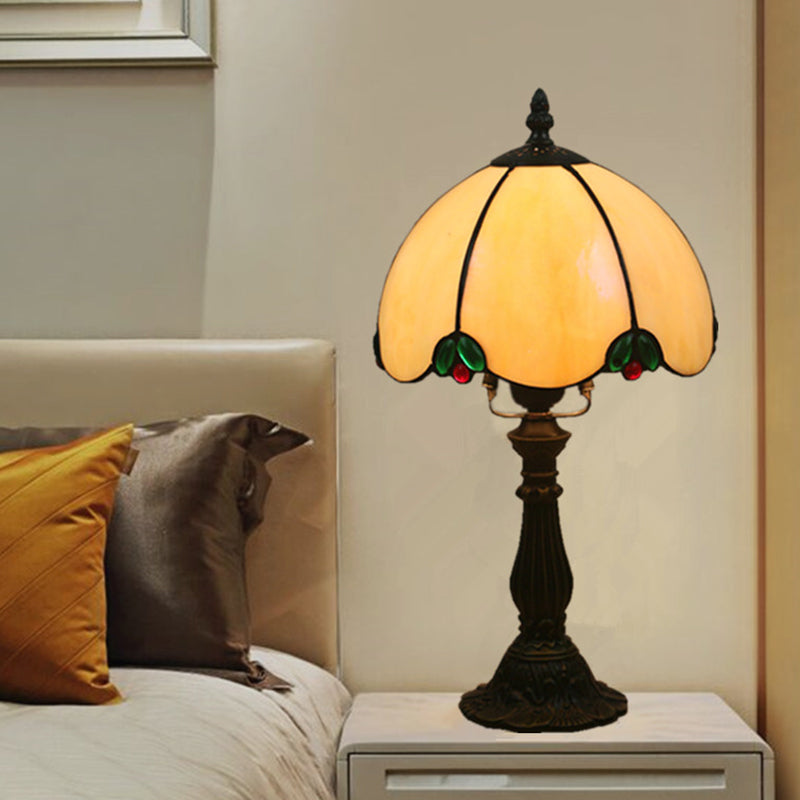 White Glass Table Lighting Domed 1 Head Tiffany Style Night Lamp with Base for Bedroom