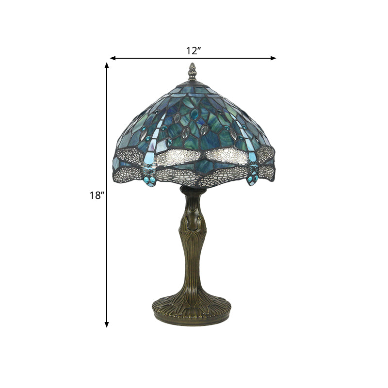 Bowl Stained Glass Night Lamp Mediterranean 1-Light Brass Nightstand Light with Dragonfly Pattern