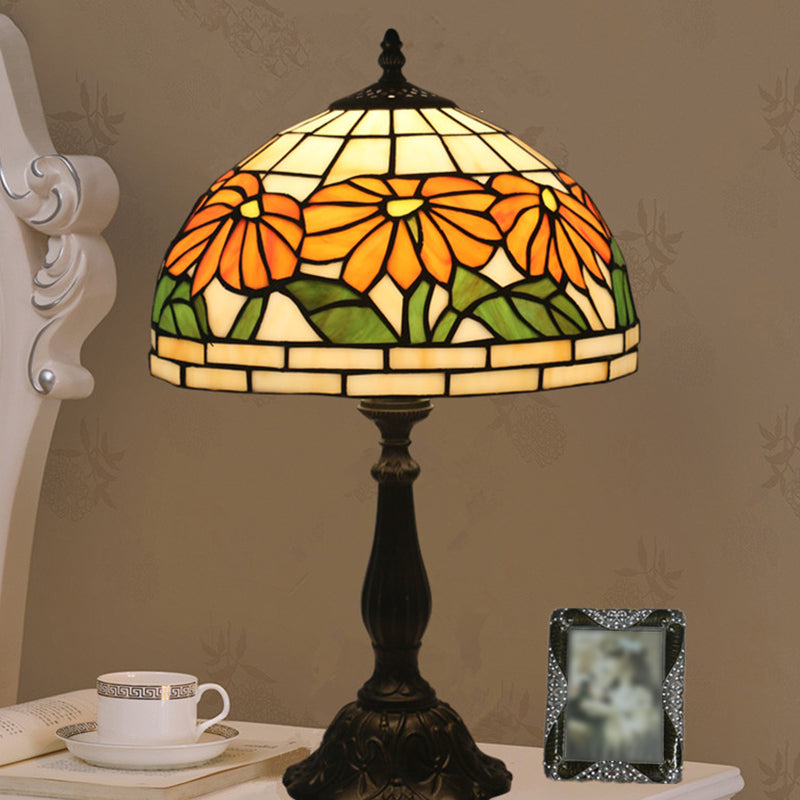 Lampada da notte Tiffany a 1 luce con fiore in vetro tagliato arancione, illuminazione da tavolo Tiffany con paralume a ciotola