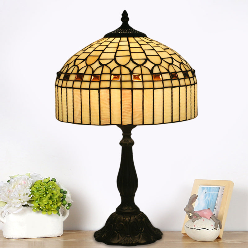 Beige Glass Domed Nightstand Light Tiffany 1 Bulb Brass Geometric Patterned Table Lighting for Bedroom