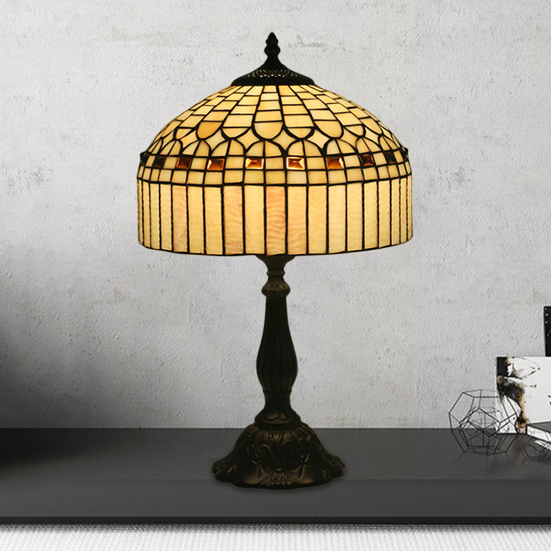 Beige Glass Domed Nightstand Light Tiffany 1 Bulb Brass Geometric Patterned Table Lighting for Bedroom