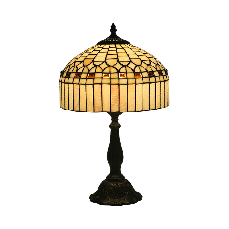 Beige Glass Domed Nightstand Light Tiffany 1 Bulb Brass Geometric Patterned Table Lighting for Bedroom