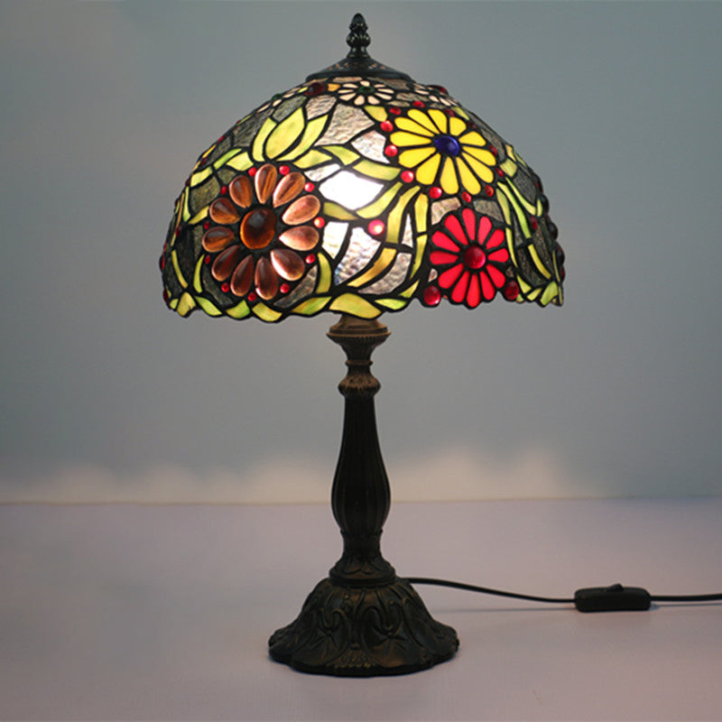 1-Bulb Bowl Table Lamp Mediterranean Green Finish Hand Cut Glass Night Lighting with Flower Pattern