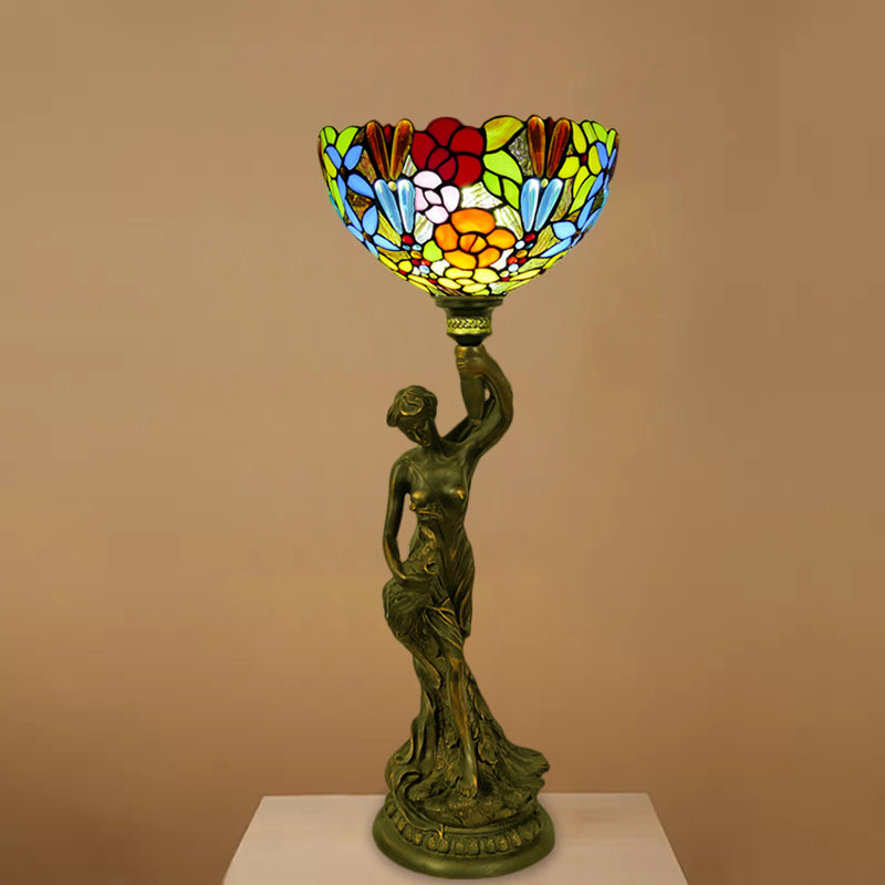 Bowl Table Lighting 1 Head Stained Glass Baroque Petal/Dragonfly Patterned Night Lamp in Brass with Resin Naked Woman Base