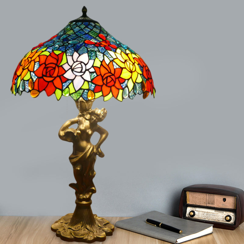 Lampe de nuit en or Méditerranéen 3 lumières coupées en verre de paille de nuit de la chaîne de cheminée avec une base de femme nue