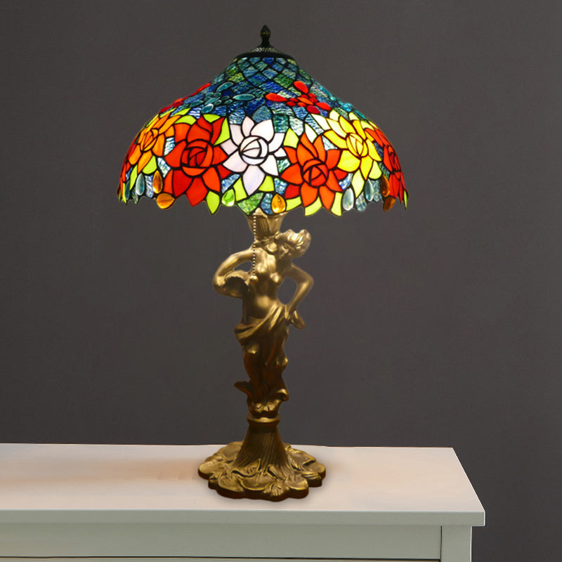 Lampe de nuit en or Méditerranéen 3 lumières coupées en verre de paille de nuit de la chaîne de cheminée avec une base de femme nue