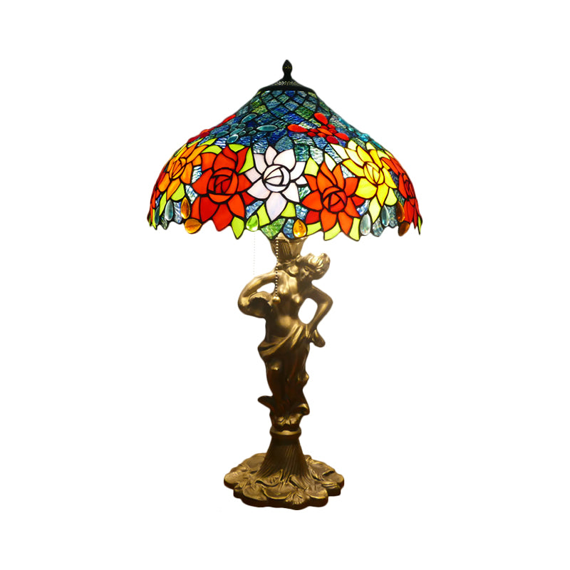 Lampe de nuit en or Méditerranéen 3 lumières coupées en verre de paille de nuit de la chaîne de cheminée avec une base de femme nue