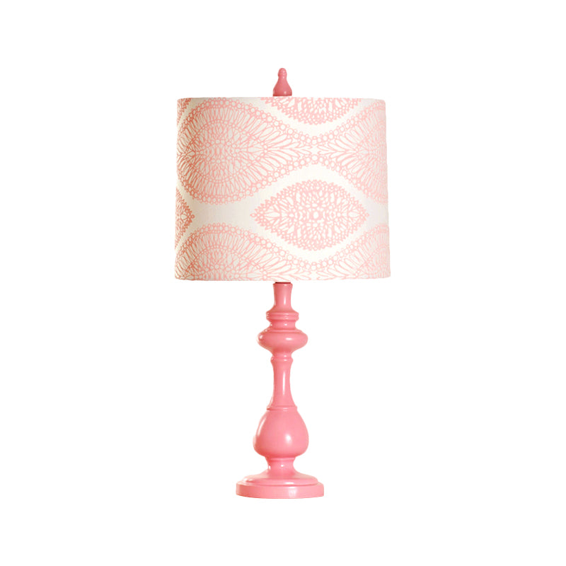 Macaron Barrel Night Lamp Fabric 1 Éclairage de tâche de chambre à coucher légère avec base de colonne en rose